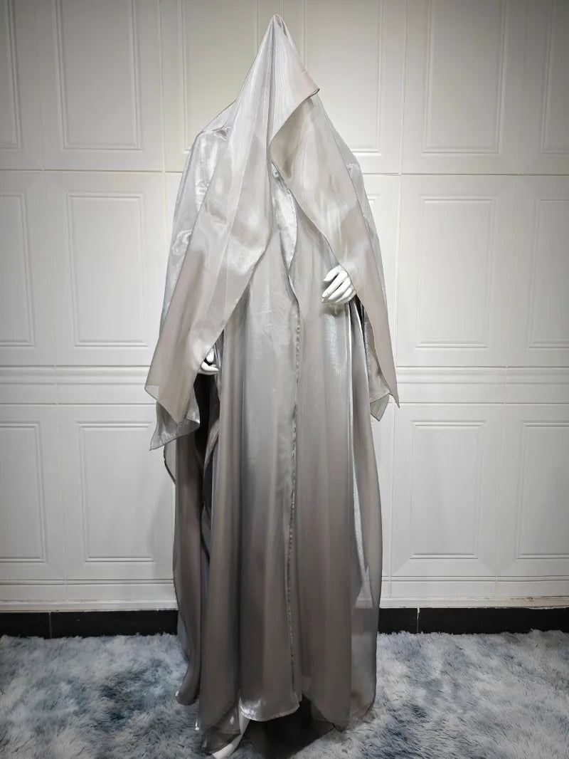 Elegant Arabic Satin Abaya Dress with Hijab Eid Muslim Women Modest Cardigan Islamic Vacation Outfit New in Turkey Kaftan Robe