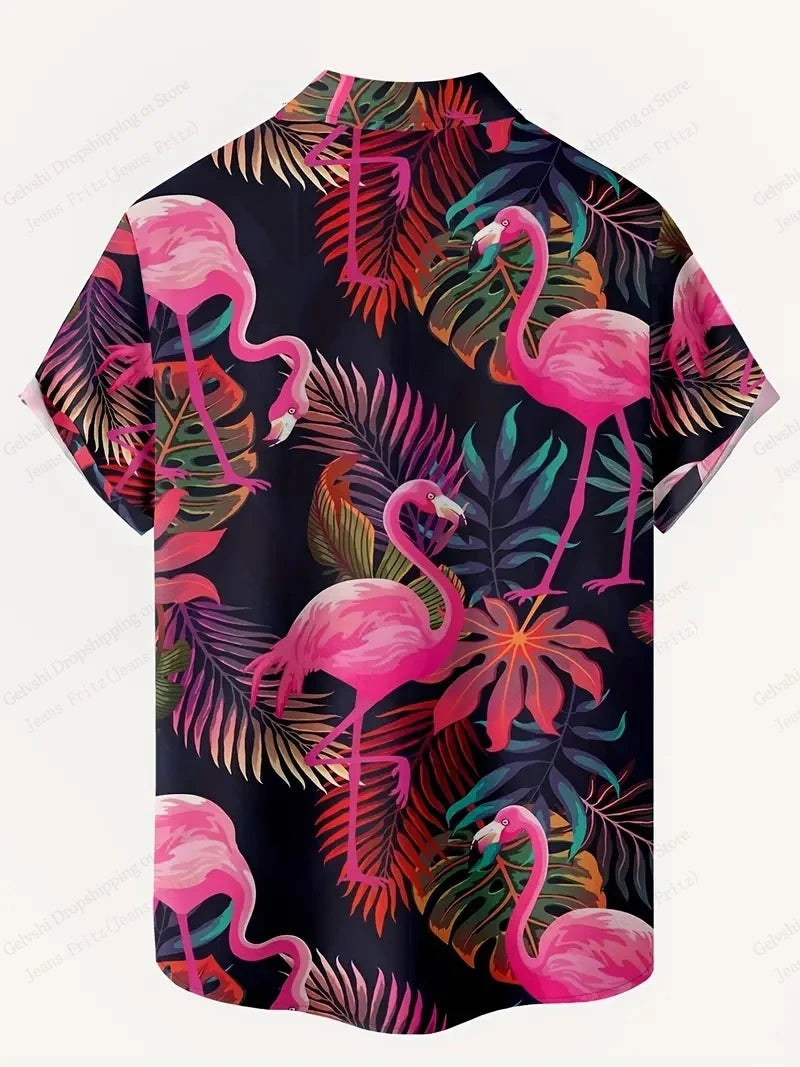 Summer Men's Vocation Lapel Camisa Oversized Hawaiian Shirts Flamingo 3d Print Fashion Men Women Beach Short Sleeve Blouse Boy