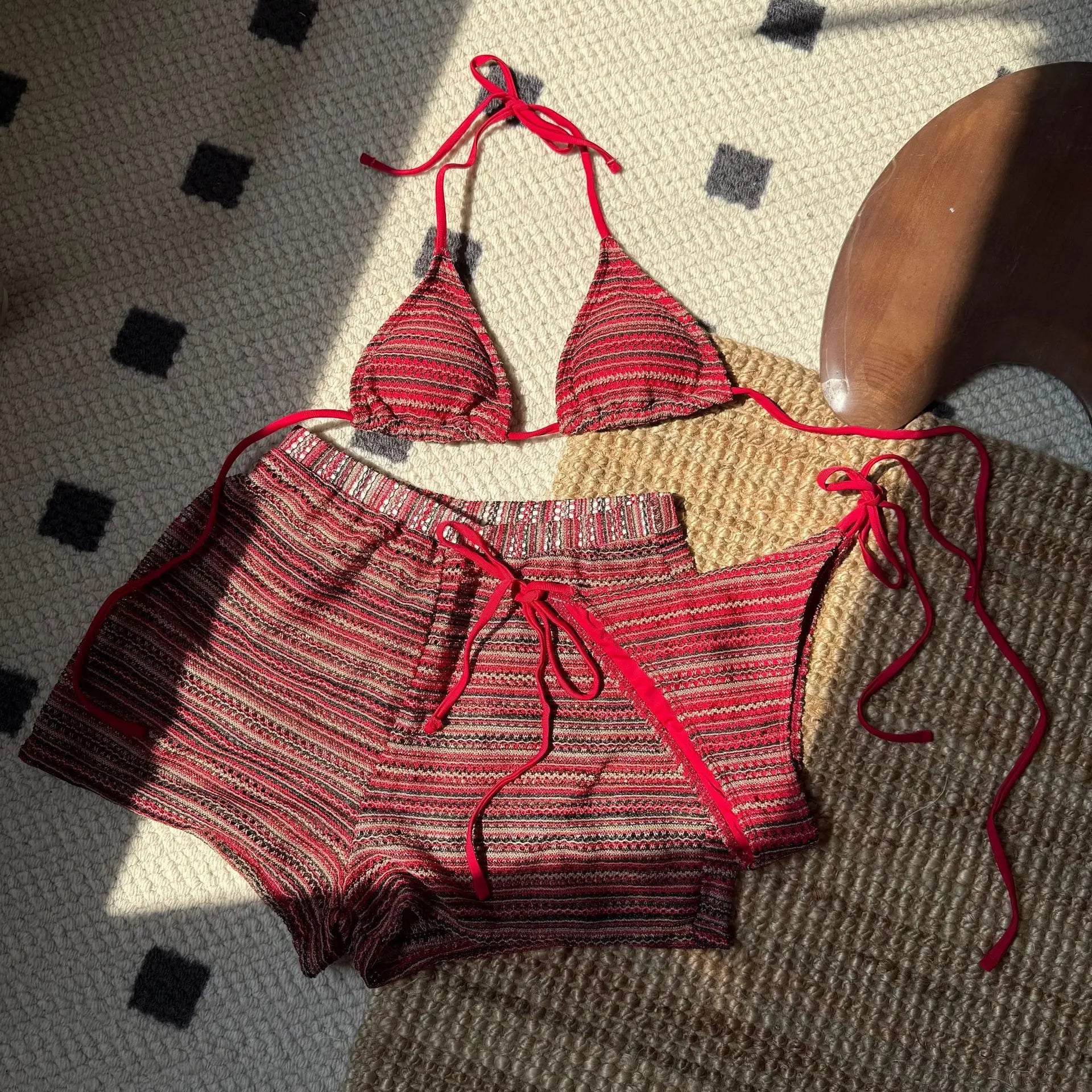 sexy knitted striped halter tie bikinis sets three pieces with shorts swimsuits beachwear bathing suit swimwear biquini tankini