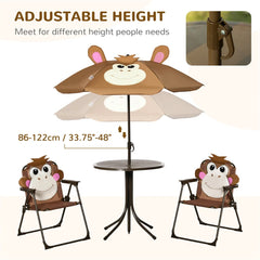Cute Monkey Kids Patio Table Chair Set with Removable Cartoon Sun Umbrella, Foldable Portable Outdoor Toddler Furniture, 2 Folding Chairs Round Metal Table, Space Saving Kids Play Dining Set for Backyard Garden Lawn Picnic Be