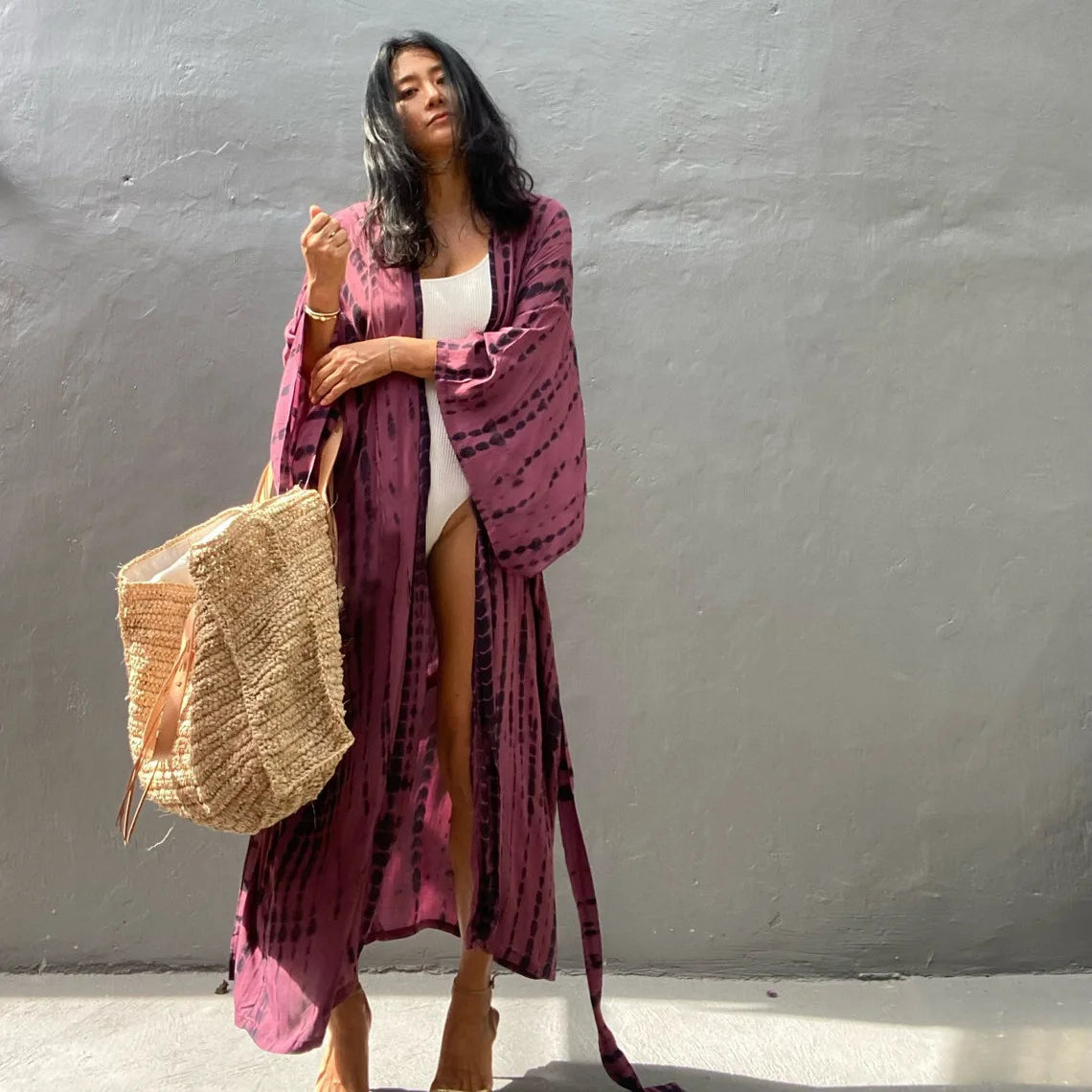 Women's Boho Stripe Tie Dye Swimsuit Cover Up with Belt Tunic Sarong Cardigan Dress Bikini Cover-ups Beach Wear Kimono