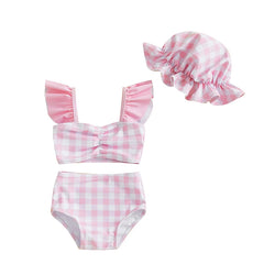0-3T Toddler Girl Bikini Set Swimsuit Plaid Print Flutter Sleeves Tank Tops with Shorts and Hat Bathing Suit 3 Pcs Beachwear