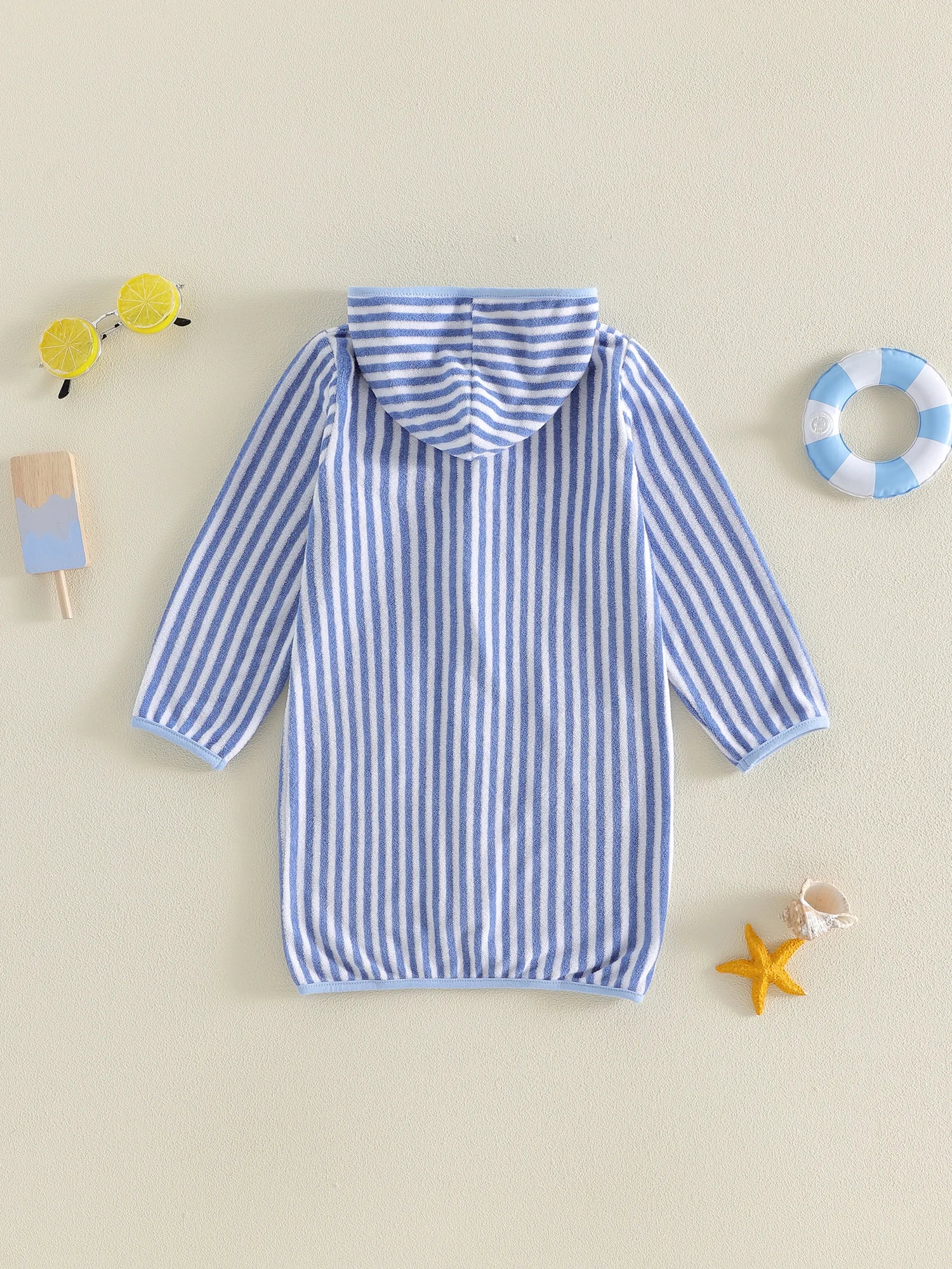 1-6Y Kids Bath Robes Towel Long Sleeve Front Zipper Striped Surf Poncho Swimming Outerwear for Boys Girls Beach Cover-ups