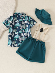 Baby boy spring and summer beach vacation set with maple leaf print top, short sleeves, shorts, hat, and belt – 4 pieces