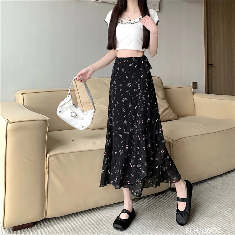 Wrap Up Chic Korea Clothes Women Cute Girls Floral Robe Holiday Beach Date High Waist Retro Vintage One-Piece Lace-Up Skirts