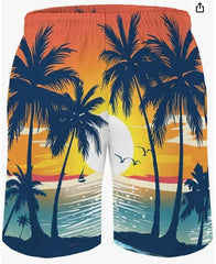 Adult and Children's Hawaiian-style Palm Tree Shorts, Dopamine Color-block 3D Print with Retro Gradient Sunset