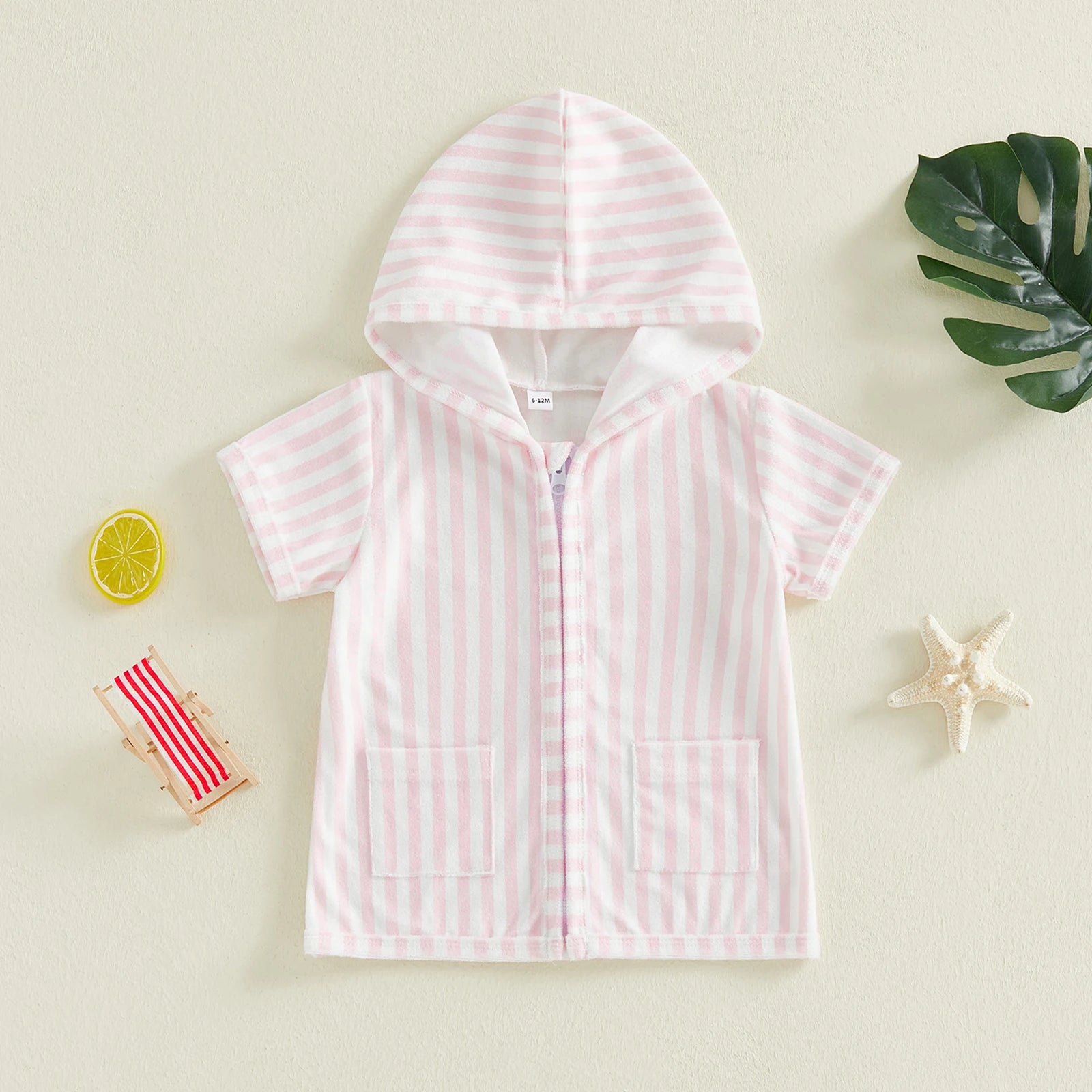 0-5Y Girls Swimwear Cover-ups Short Sleeve Zip Up Hooded Striped Bathing Suit Cover Up for Kids Pool Beach Robe 2026 New