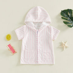 0-5Y Girls Swimwear Cover-ups Short Sleeve Zip Up Hooded Striped Bathing Suit Cover Up for Kids Pool Beach Robe 2026 New