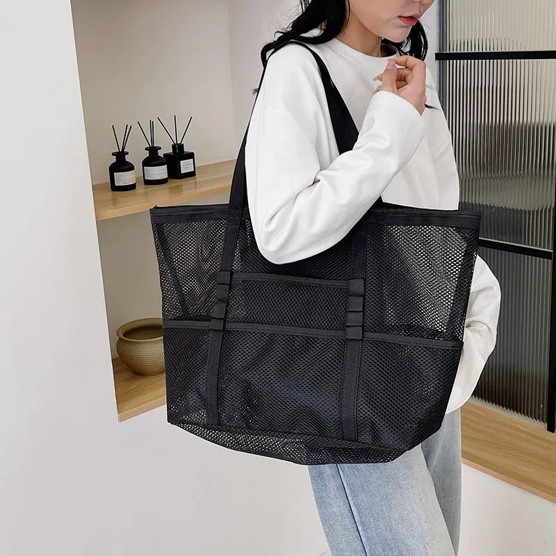 Large Capacity Canvas Beach bag Versatile Commuting Shopping Shoulder bag Lightweight Semi Transparent Mesh Hollow bag
