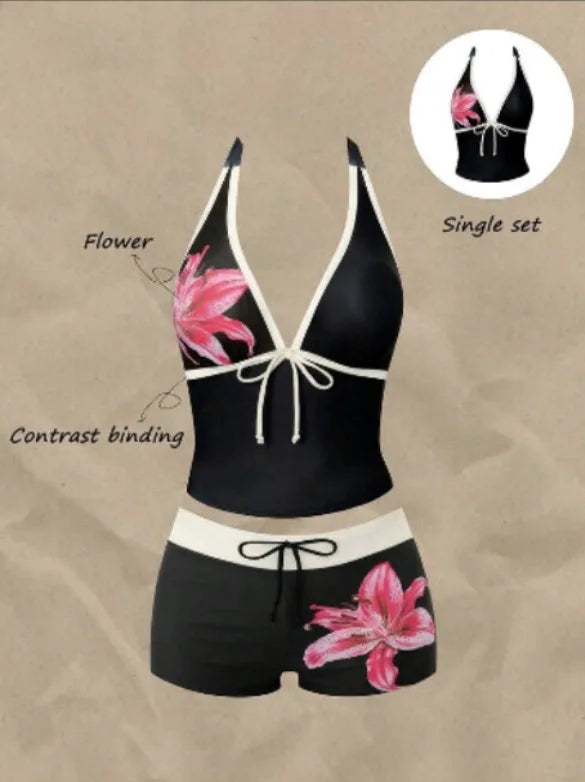Women Swimwears Polka Dot 2-Piece Tankini Set Halter V Neck Front Tie Cami Top & Contrast Waistband Drawstring Swim Shorts