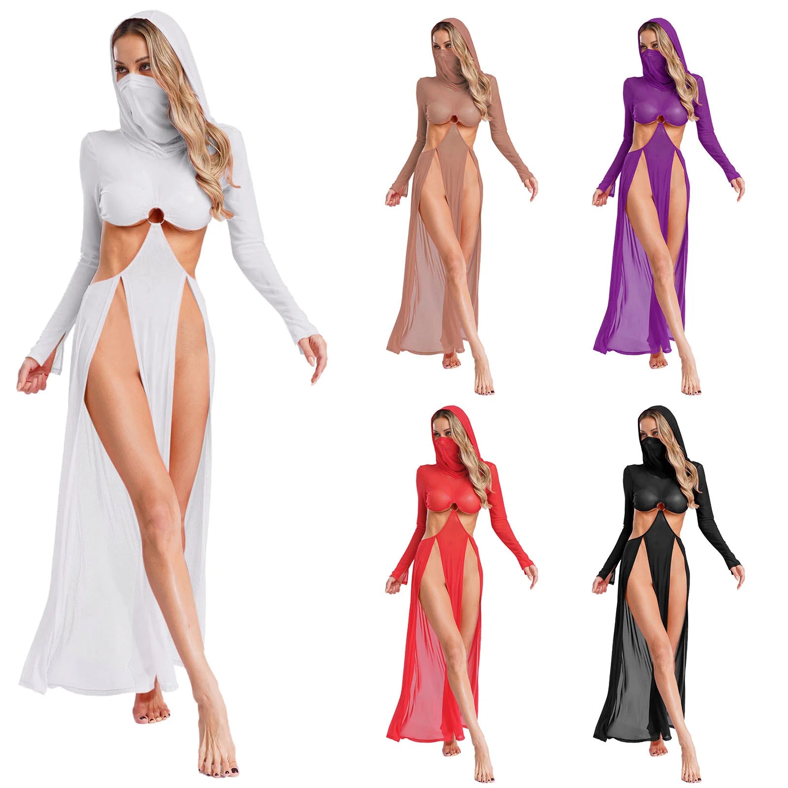Women Sheer Dress with Hooded Face Mask Maxi High Slit Sexy Mesh Dress Long Sleeves Hollow Out Sheer Dress Cover Up Swimwear