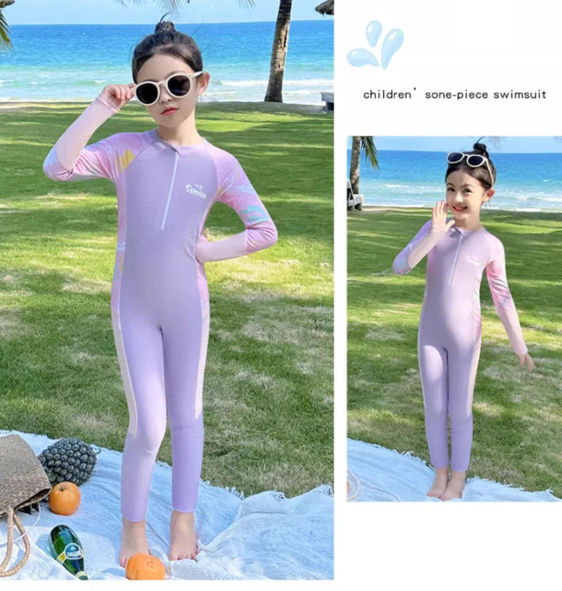 Sun Protection One Piece Girls' Swimsuit Girl Kids Swimming Suits Long Sleeve Childrens Bathing Suit Beachwear Surfing
