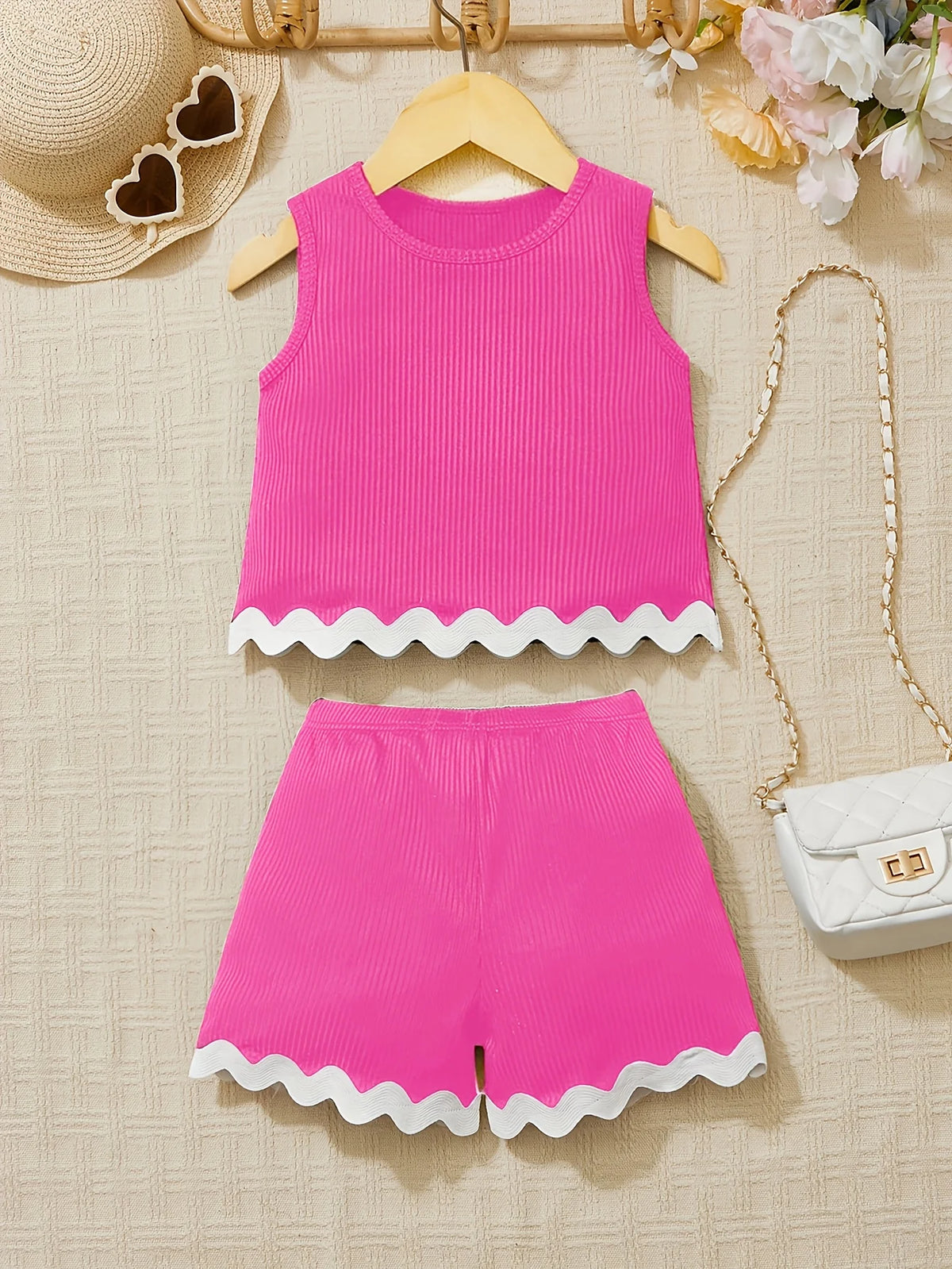 Ins Girls' Summer Outfit Set Young Girls' Vacation Style Solid Color Lace Vest Shorts Set