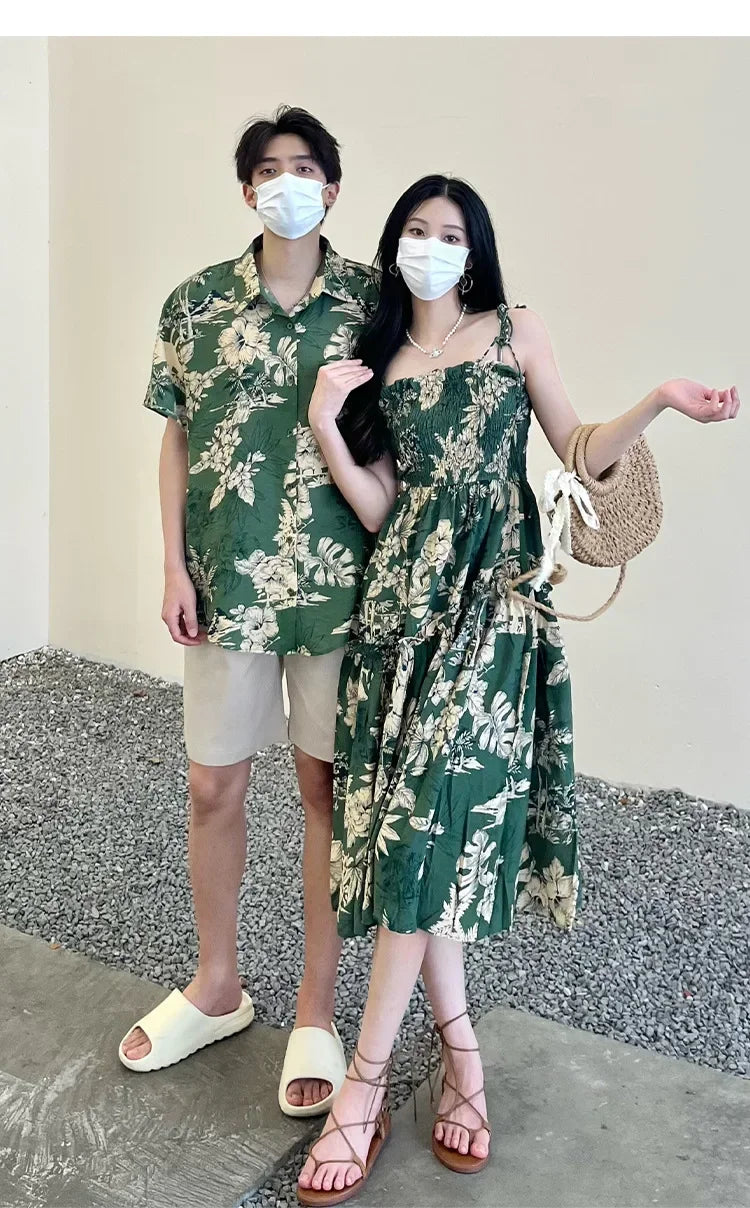 Holiday Family Matching Beach Clothes Couple Vacation Look Mom  Dress Resort Dad Son Print Shirts Outfits Daughter Smock Green