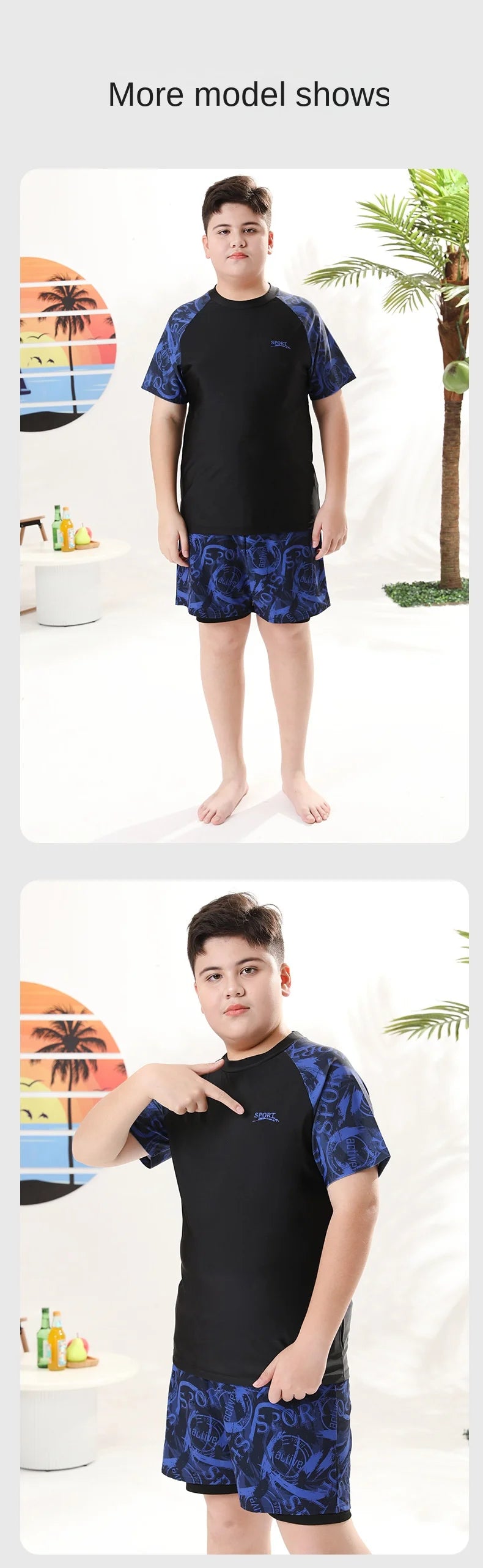 Children's Swimwear with Cap, Split Body, Short Sleeve, Two Piece Swimsuit for Men, Teenagers, Boys, New, Hot Spring Set, 2024