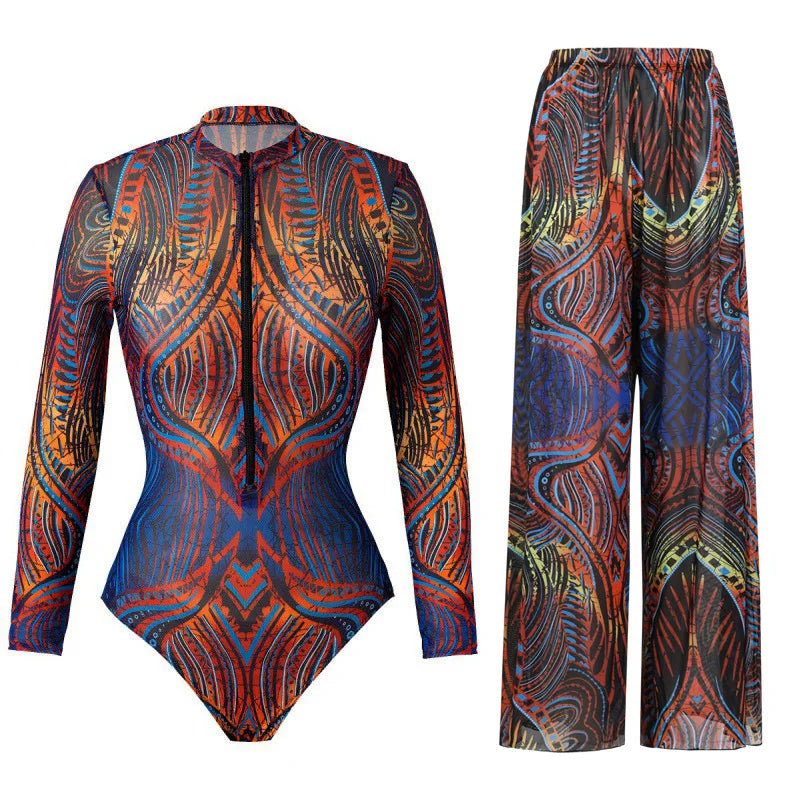 Women's Long Sleeve Swimwear Sunscreen One Piece Swimsuit High Elastic Thickened Mesh Loose Pants SPF35+ New Fitness Beachwear