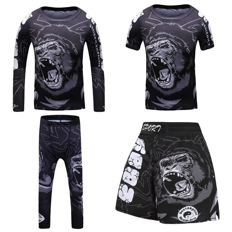 New Kids 4/pcs Sets Rashguard Jiu Jitsu MMA T-shirt+Pant For Children Muay Thai Shorts BJJ Tight Sportsuit MMA Boxing Fightwear
