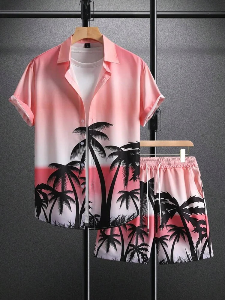 Men's Short-sleeved Shirt Set Blue Ocean Palm Tree Print Hawaiian Seaside Vacation Style Shirt Set