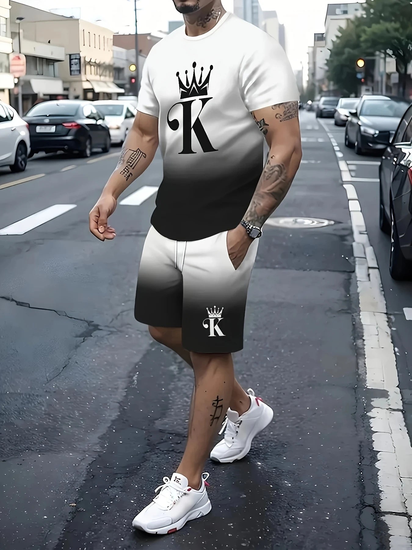 Summer Men's Stripe Letter Print Short Sleeve Top Shorts 2 Pieces Set Oversized Loose Round Neck T-shirt Man Drawstring Shorts
