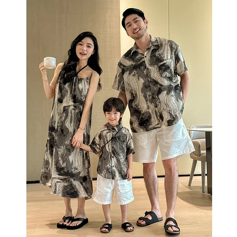 2025 Vacation Look Family Clothes Couple Beach Wear Brother Sister Dad Son Print Shirts Mom Daughter Matching Sleeveless Dress