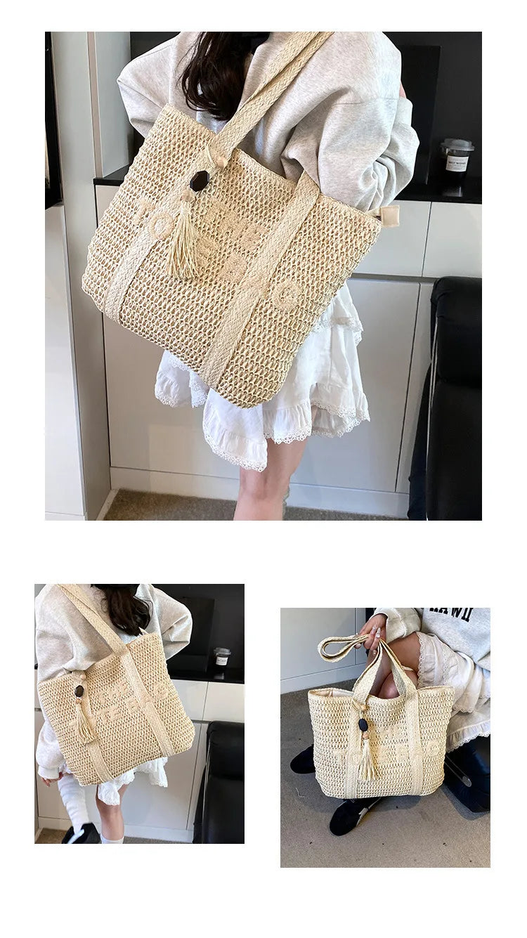 French style large capacity woven straw woven bag for women, new beach vacation shoulder bag, casual commuting tote bag
