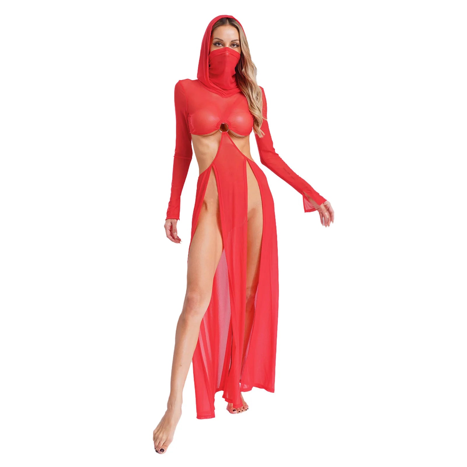 Women Sheer Dress with Hooded Face Mask Maxi High Slit Sexy Mesh Dress Long Sleeves Hollow Out Sheer Dress Cover Up Swimwear