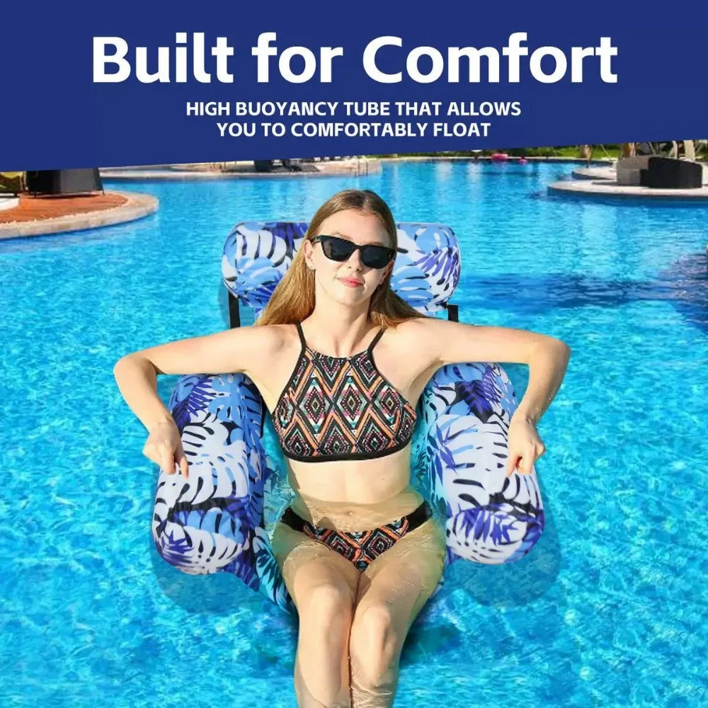 Inflatable Pool Floating Chair, 3 Airbags Anti-tip Leaf Print Floating Lounge, Water Hammock for Pool Beach Summer Water Play