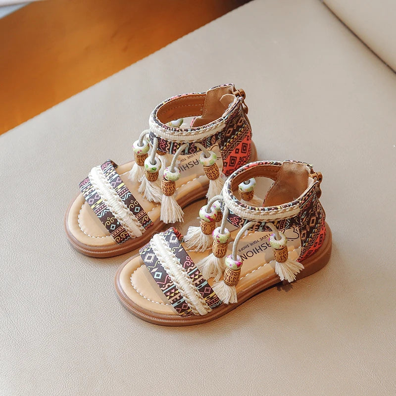 Girls Sandals Ethnic Retro Children Fashion Casual Shoes Tassels 2024 Back Zipper Summer New Sandals Kids Pattern GLADIATOR Cute