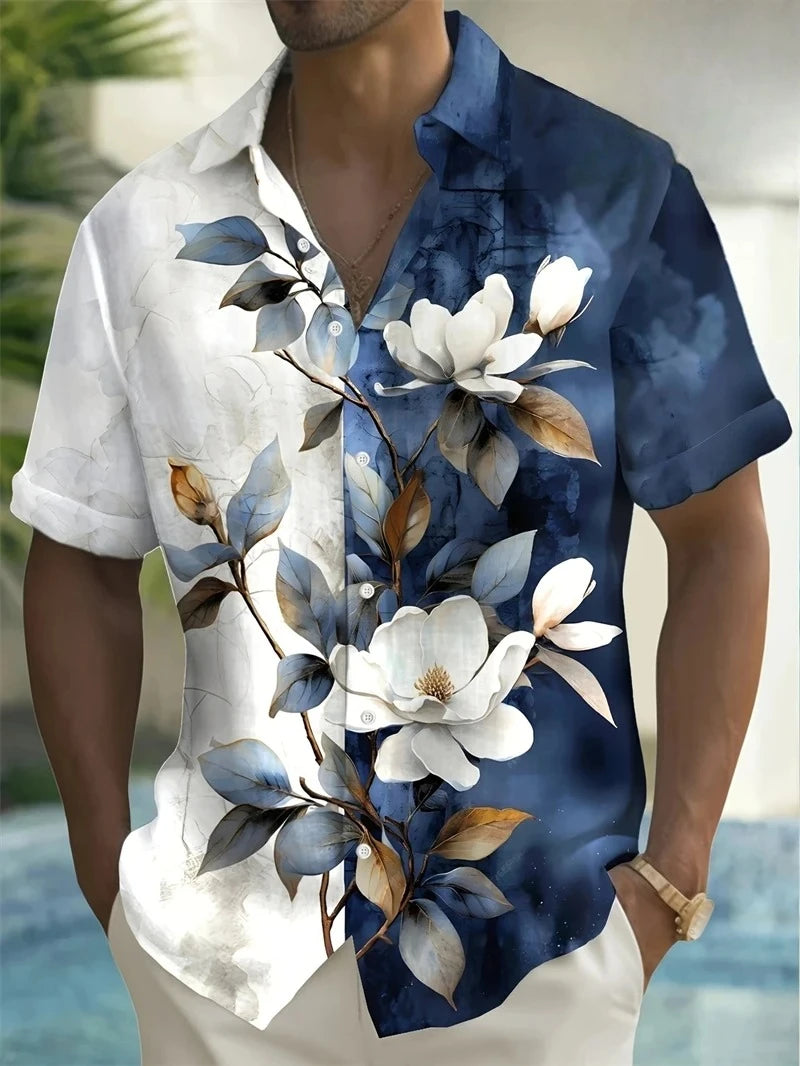 Floral Shirts Men's Hawaii Holiday Party Blouse 2025 Lapel Beach Shirt Flower Camisas Short-sleeved Womens Clothes
