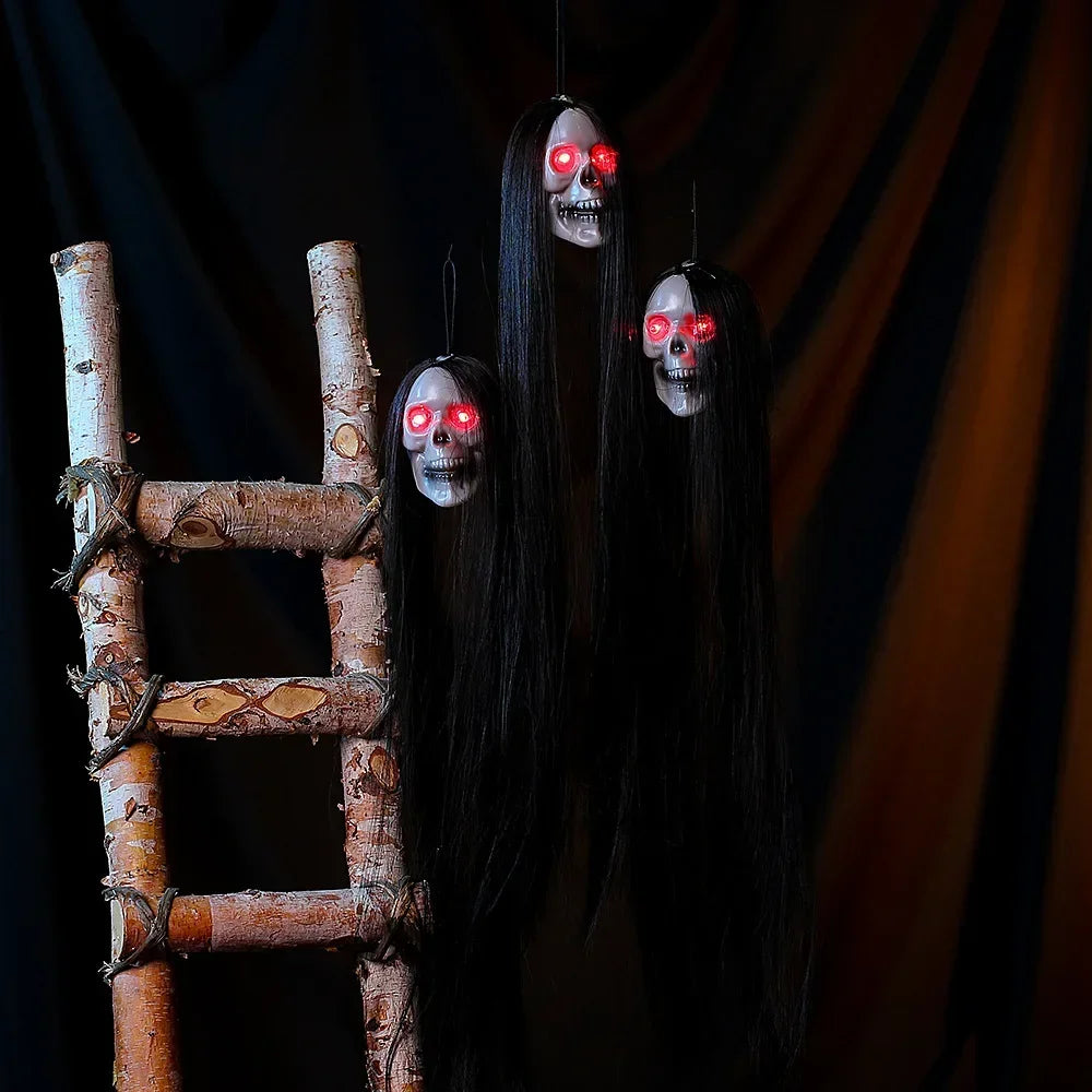 Halloween Hanging Ghost Skull with Long Hair Glowing Eyes Terror Skull Ghost House Head Skeleton Props 2024 Halloween Decoration