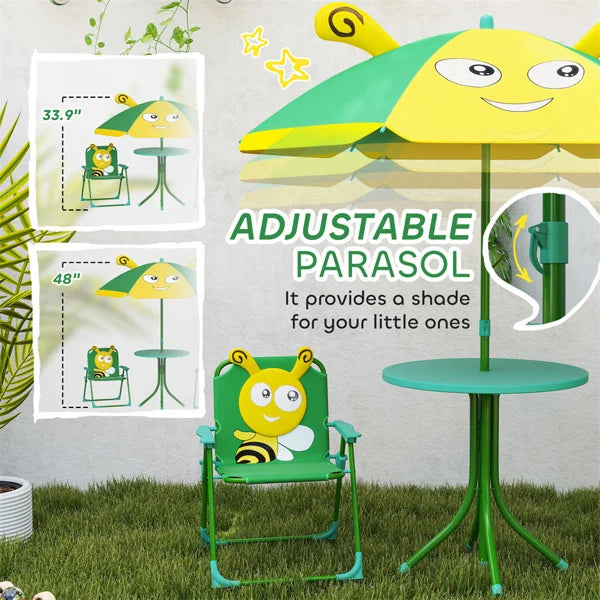 Cute Monkey Kids Patio Table Chair Set with Removable Cartoon Sun Umbrella, Foldable Portable Outdoor Toddler Furniture, 2 Folding Chairs Round Metal Table, Space Saving Kids Play Dining Set for Backyard Garden Lawn Picnic Be