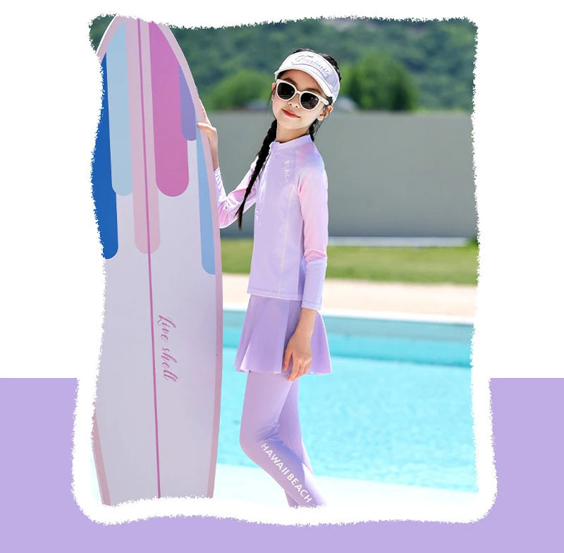 Two Piece Long Sleeve Girls Swimwear With Skirt Burkini Swimsuit Kids Children Modest Swimming Suit Sun Protection Beachwear