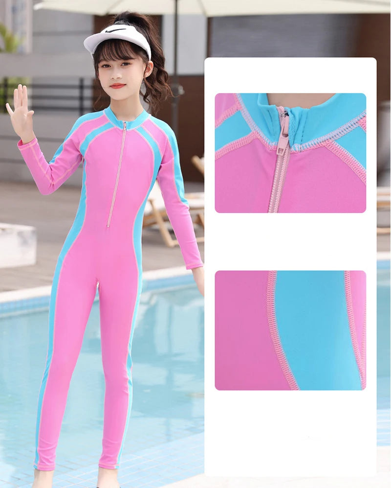 One Piece Girls Swimwear Full Cover Long Sleeve Swimsuit Kids Sun Protection Swimming Suit Teenage Korean Style Bathing Suit
