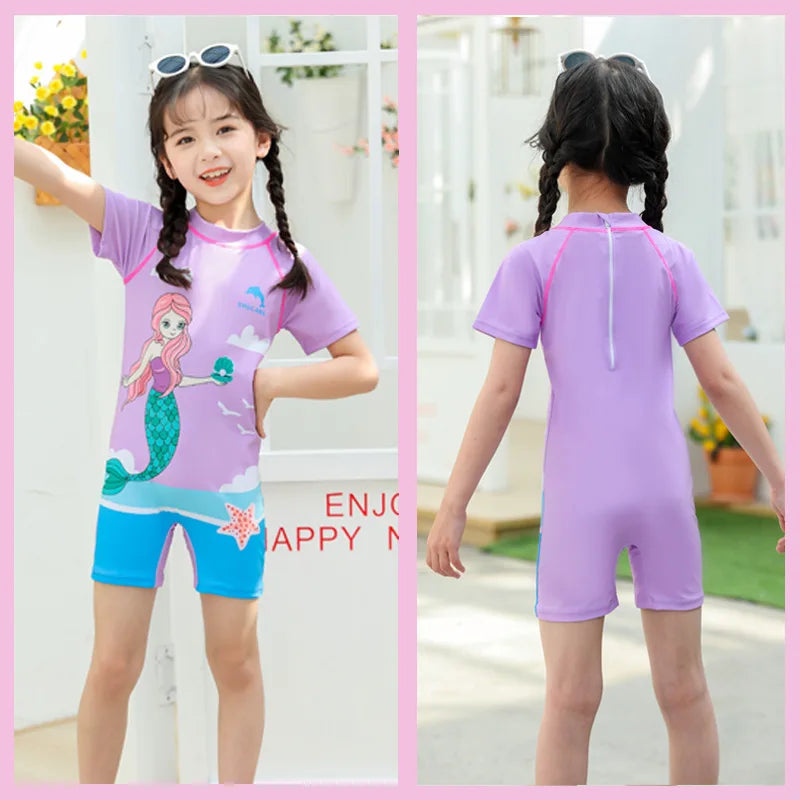 Girls Swimsuits One-Piece Bathing Suits with Hat Summer Beach Water Sport Short Swimsuit with Cartoon Pattern for 2-13 Years Old