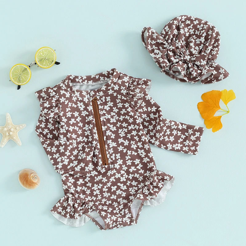 Little Baby Girls Swimsuit Rash Guard Long Sleeve Zipper Ruffle Bathing Suit Toddler Summer Clothes