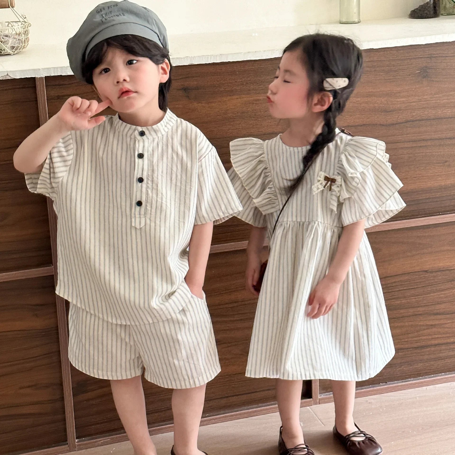 22004 Brother Sister Clothes Summer New Short Sleeve Stripes Baby Boy's Suit Or Cotton Girl Dress