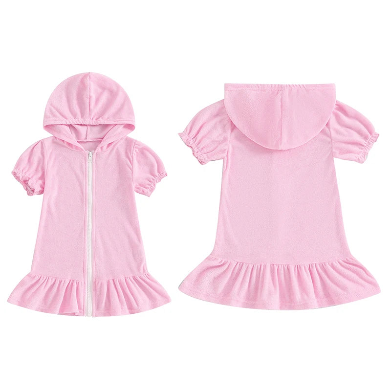 Girls Swimwear Cover-ups Solid Color Short Sleeve Zipper Ruffle Beach Dress Toddler Bathing Suit Kids Bikini Cover Up 1-8Y