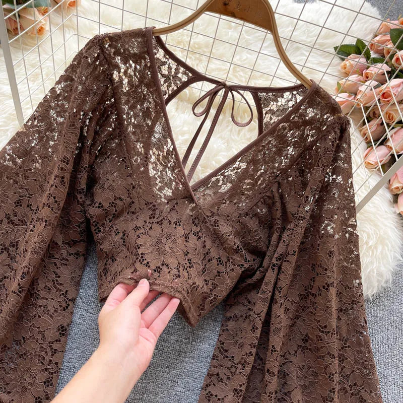 Frenchic Sexy Blusas Mujer Crochet Lace Sheer Women Tops V-neck Lantern Sleeve Backless Lace-up Ladies Elegant Blouse
