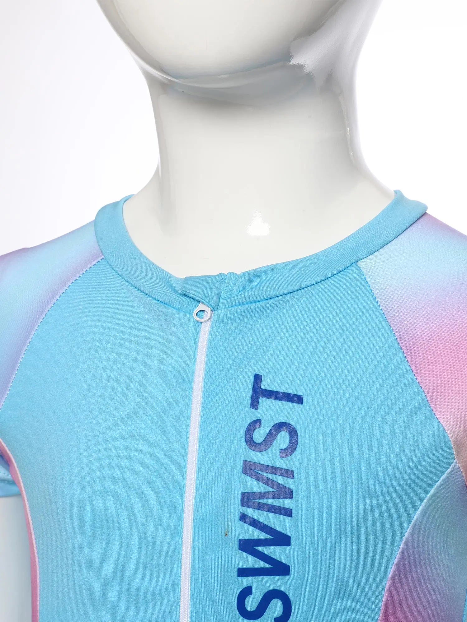 Fashion Girls One Piece Swim Dress Short Sleeve Color Block Swimsuit with Chest Pads Front Zipper And Safety Shorts Beachwear