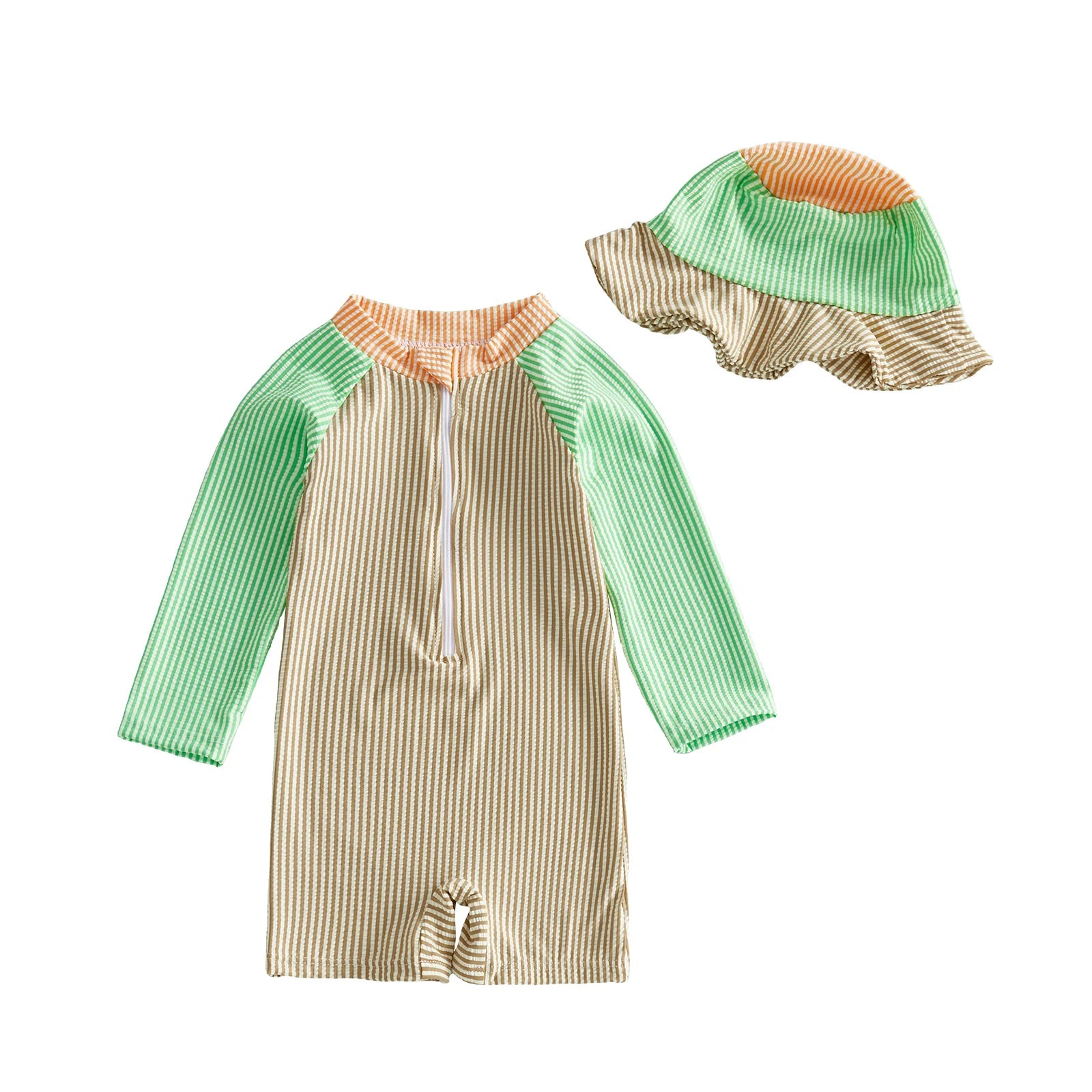 0-24M Newborn Baby Boy Rash Guard Swimsuits Contrast Color Stripes Print Long Sleeve Zip Up Bathing Suit with Sun Cap