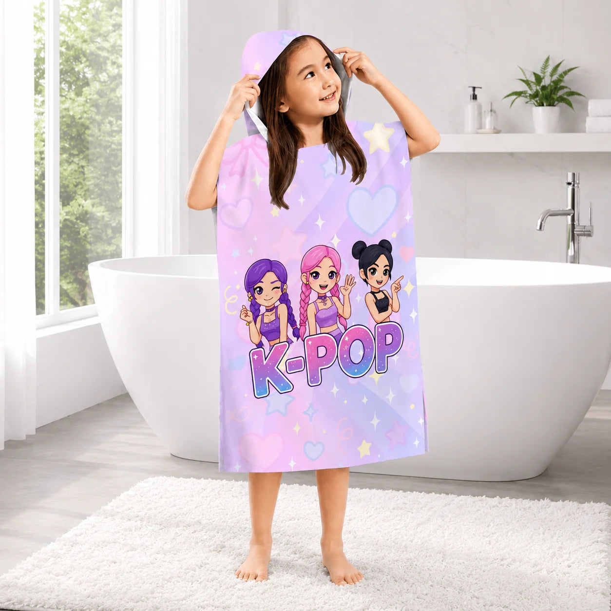 K-Pop Style Hooded Poncho Towel for Kids Adults Flat Print Purple Idol Cartoon Girls Bath Robe Beach Changing Towel Wrap