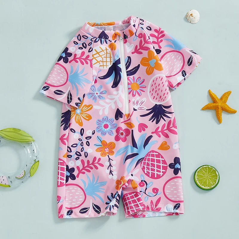 0-3Years Baby Boy Girl Rash Guard Swimsuits Fashion Print Short Sleeve Zip Up Rompers Bathing Suit Toddlers Swimwears Beachwear