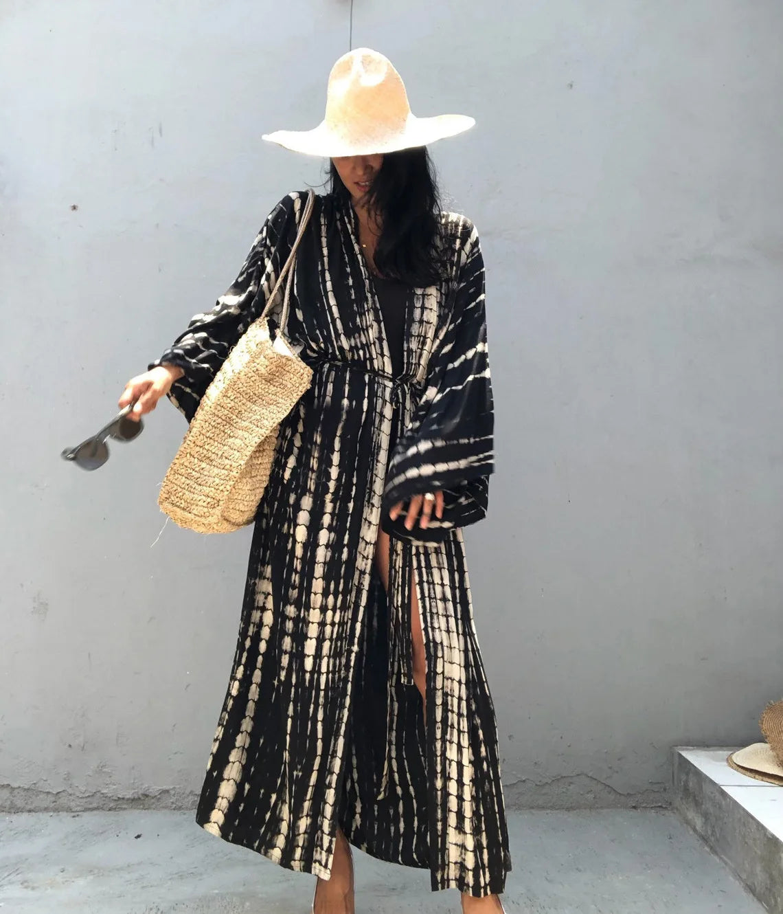Women's Boho Stripe Tie Dye Swimsuit Cover Up with Belt Tunic Sarong Cardigan Dress Bikini Cover-ups Beach Wear Kimono