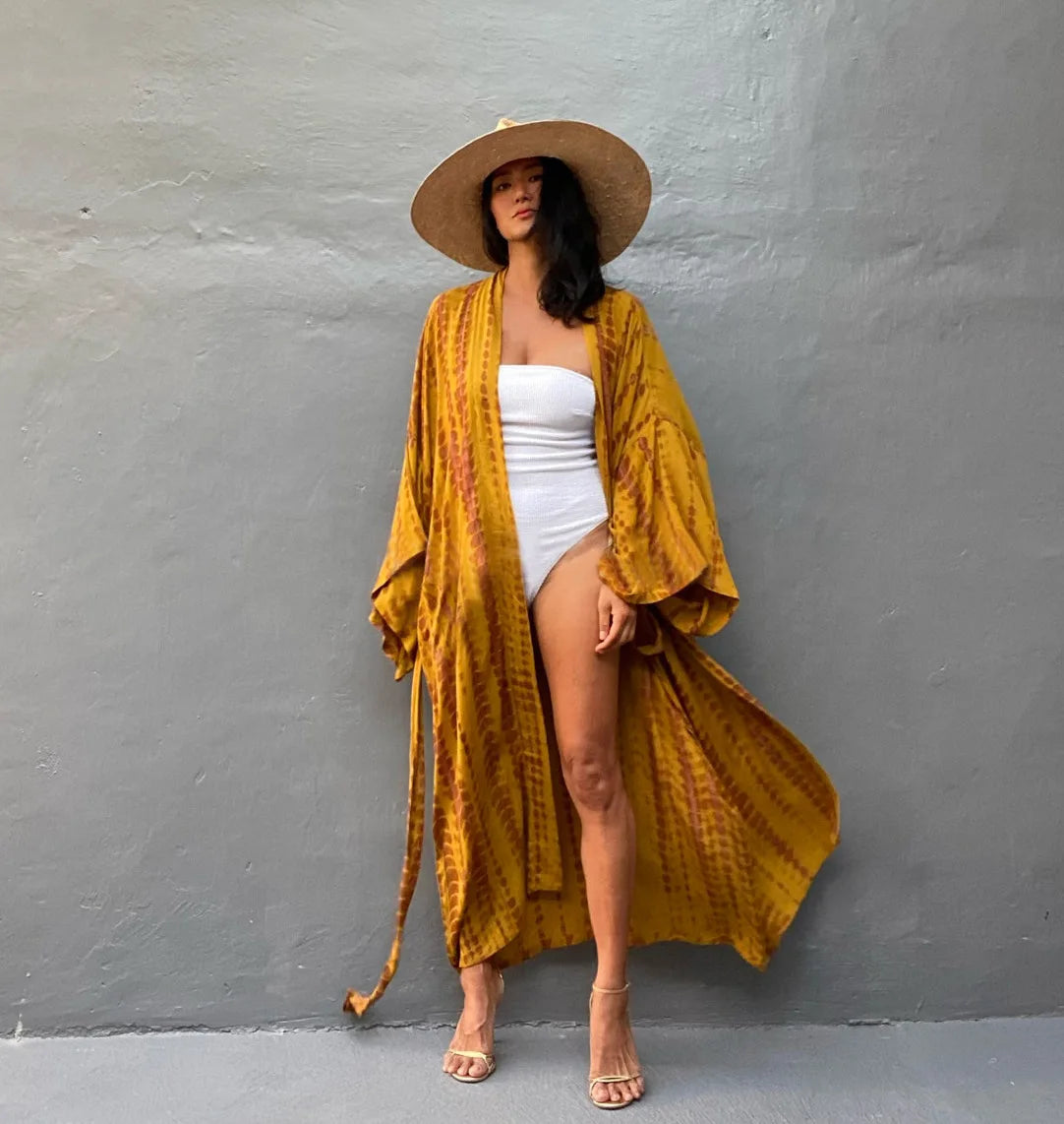 Women's Boho Stripe Tie Dye Swimsuit Cover Up with Belt Tunic Sarong Cardigan Dress Bikini Cover-ups Beach Wear Kimono