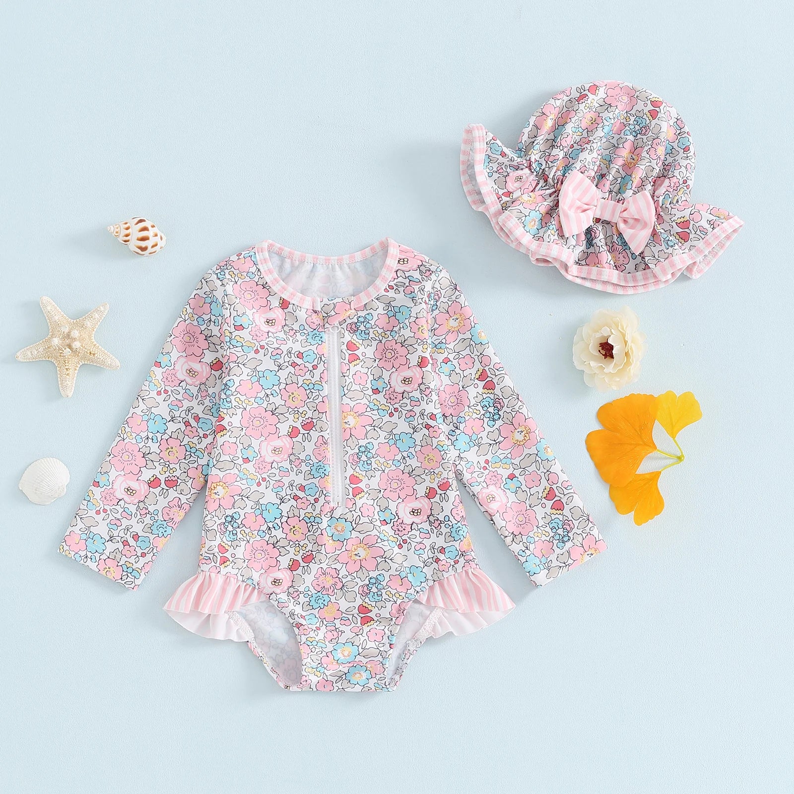 MISOWMNJOY Ruffle Floral Print Baby Girls Beachwear Summer Rash Guard Swimsuit Long Sleeve Bathing Suit Infant Swimwear with Hat