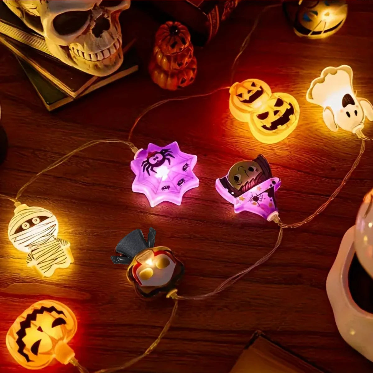 Spooky Halloween LED String Lights Battery Operated Ghost Pumpkin Skeleton Pirate Shape Indoor Party Home Decor Lamp