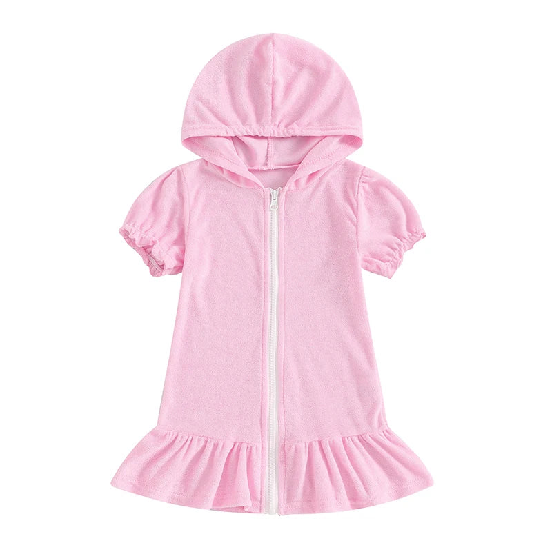 Girls Swimwear Cover-ups Solid Color Short Sleeve Zipper Ruffle Beach Dress Toddler Bathing Suit Kids Bikini Cover Up 1-8Y