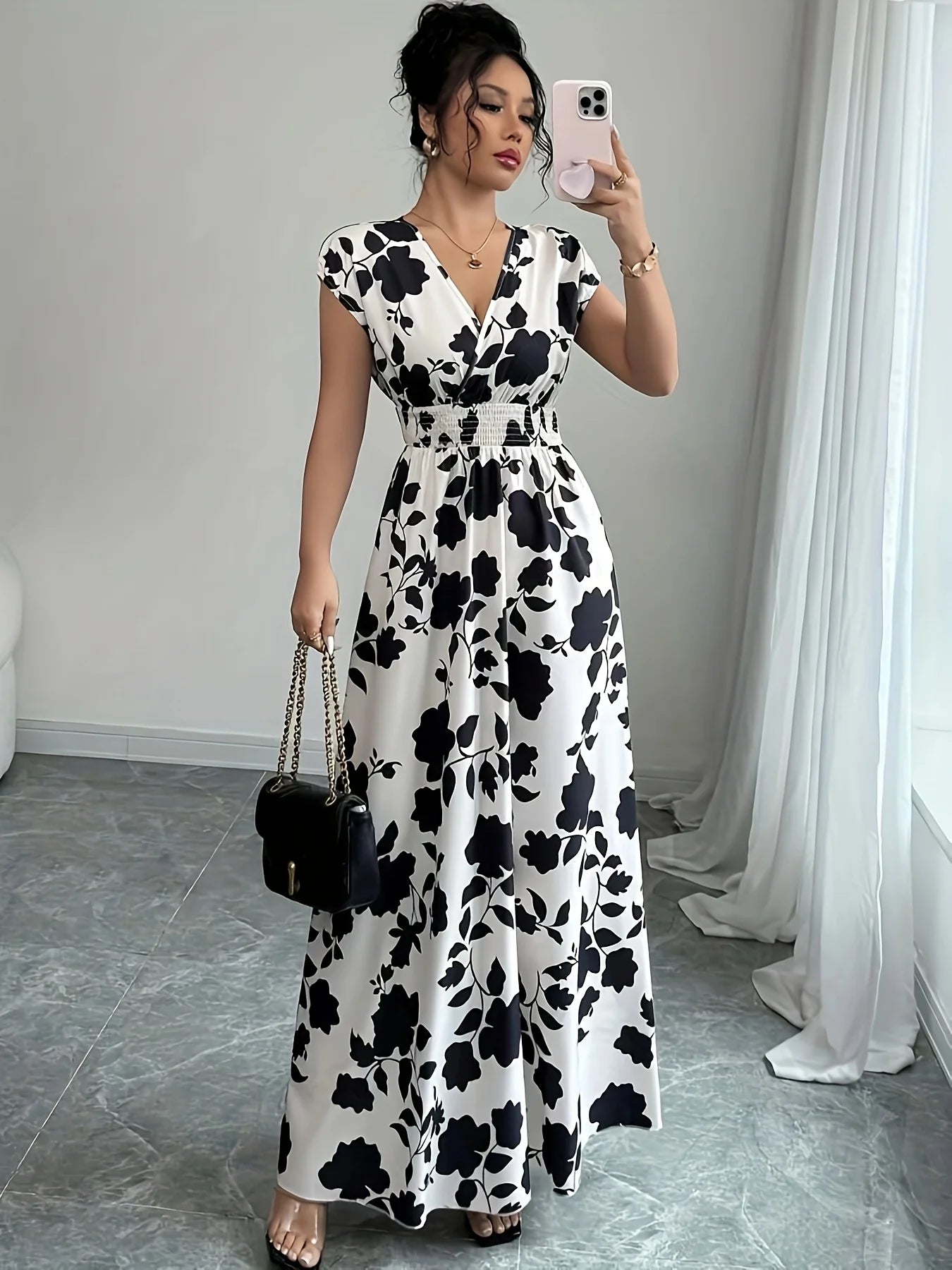 Ladies' Elegant Black and White Floral Print V-Neck Elastic Drawstring Waist Cinching A-Line Vacation Dress
