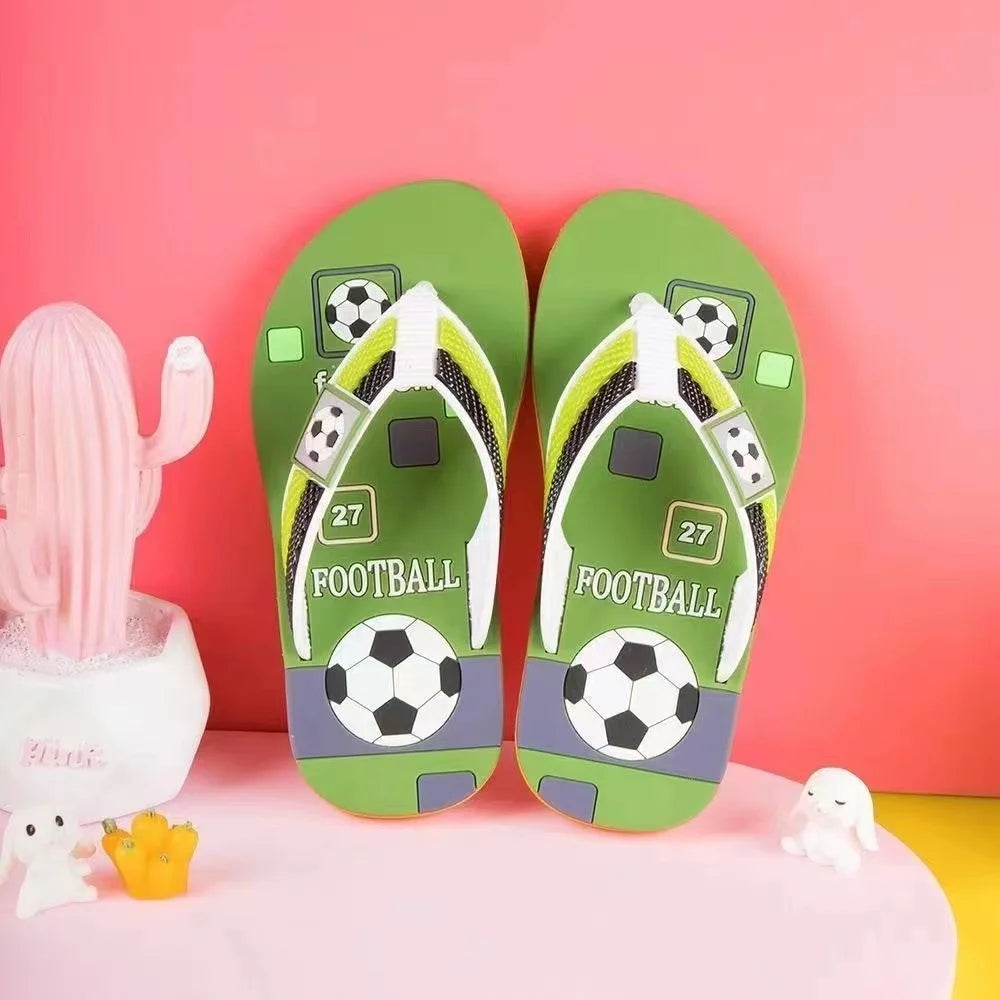 New Summer Baby Boys Girls Slippers Children PVC Cartoon Football Print Flops Flips Beachwear Outdoor Red Blue Green Kids Shoes
