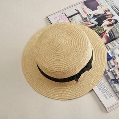 COKPanama Simple Summer Beach Sun Protection Bowknot French-style Small Hat Women's Casual Flat-Brimmed Straw Hat with Bow，Women